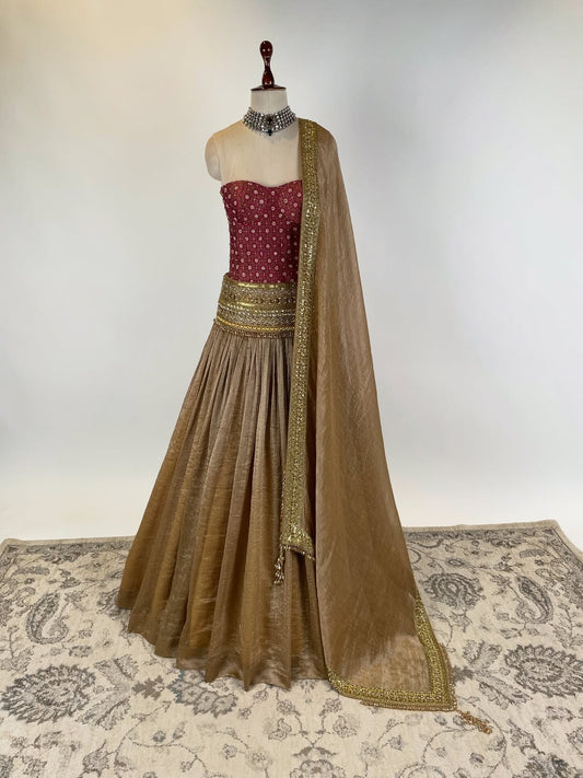 BROCADE CORSET WITH KOTA DORIYA TISSUE LEHENGA