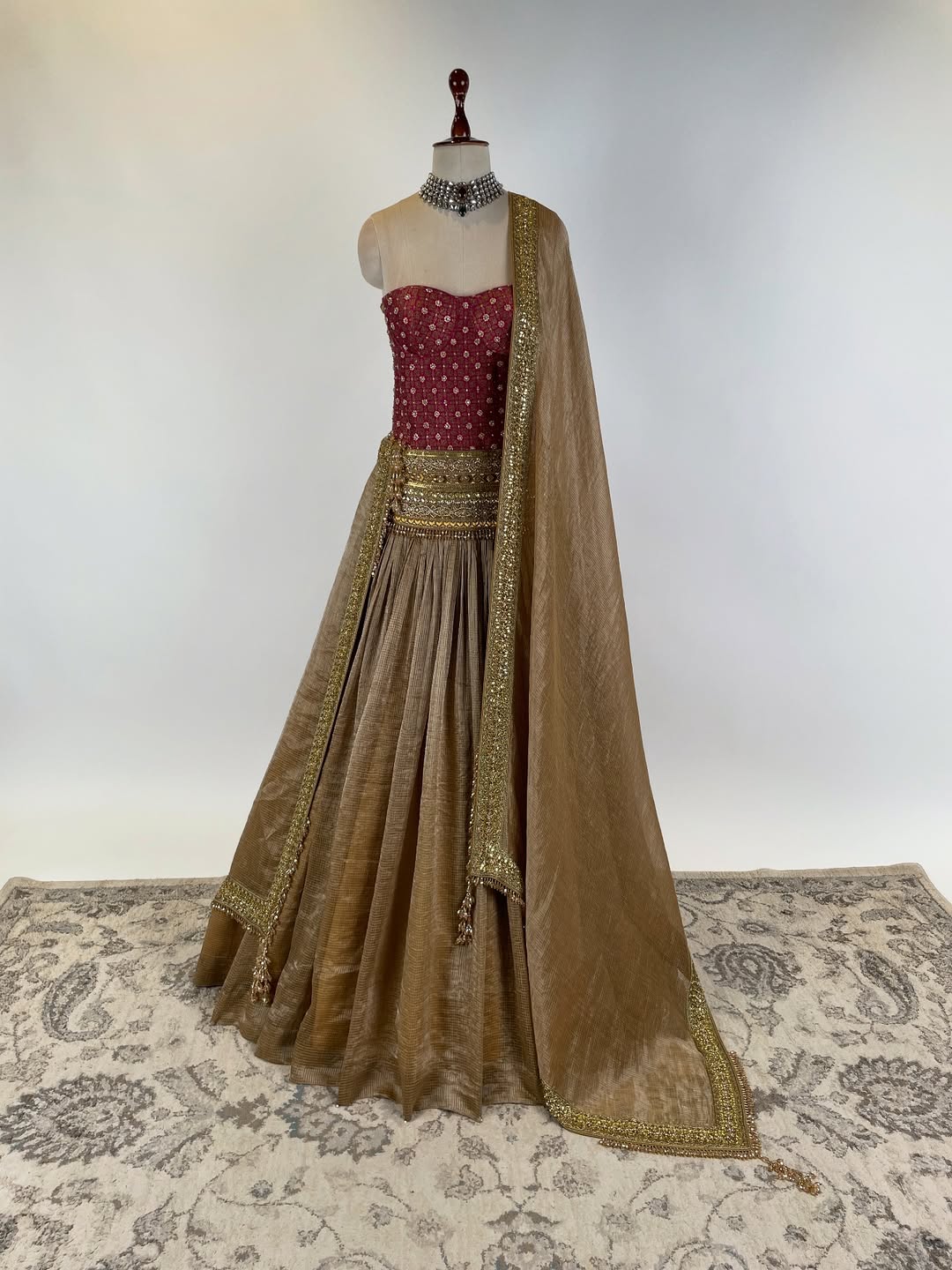 BROCADE CORSET WITH KOTA DORIYA TISSUE LEHENGA