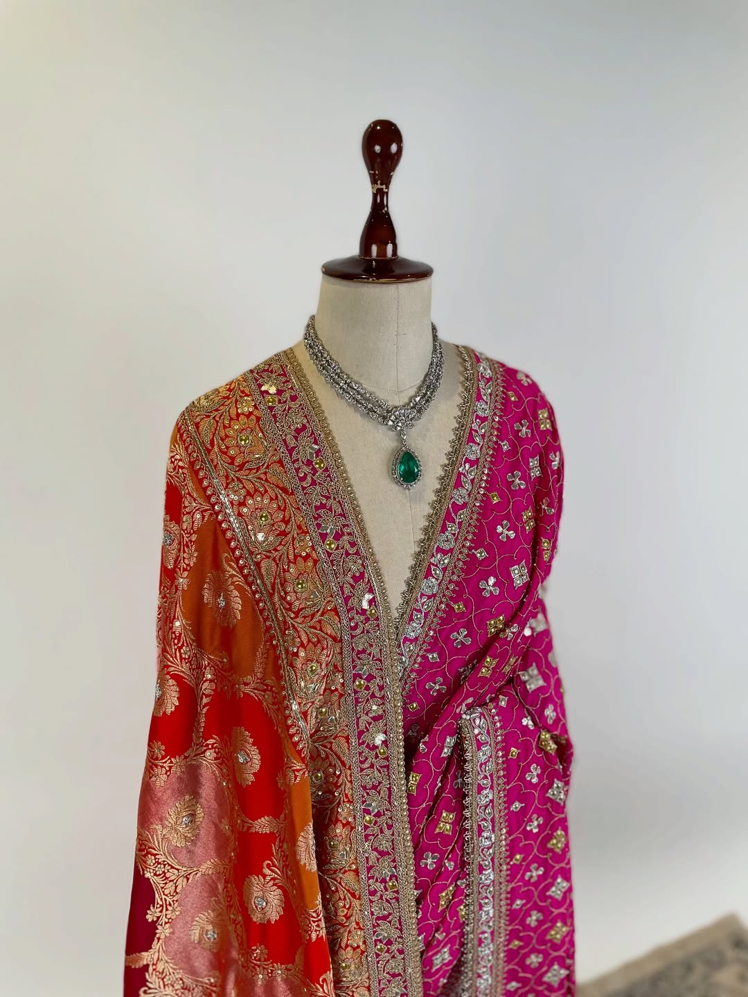 RANGKAT EMBROIDERED IN RAJPUTI DANKA, WITH GOTA and MARODI PAIRED WITH BLOUSE PIECE AND EMBROIDERED DUSHALA