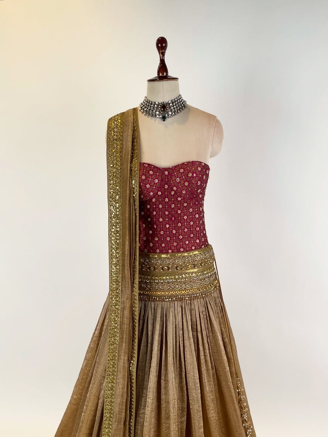 BROCADE CORSET WITH KOTA DORIYA TISSUE LEHENGA