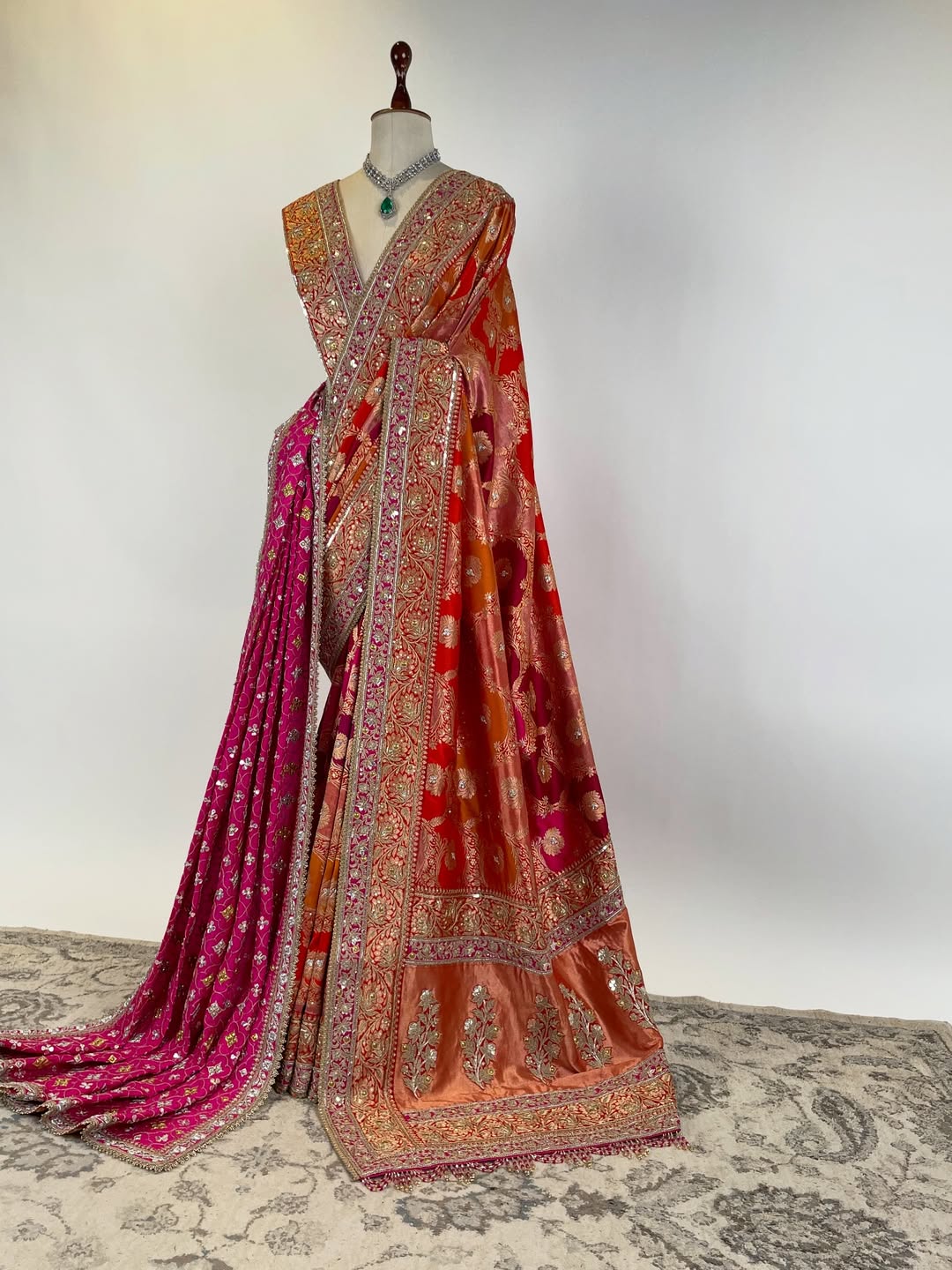 RANGKAT EMBROIDERED IN RAJPUTI DANKA, WITH GOTA and MARODI PAIRED WITH BLOUSE PIECE AND EMBROIDERED DUSHALA