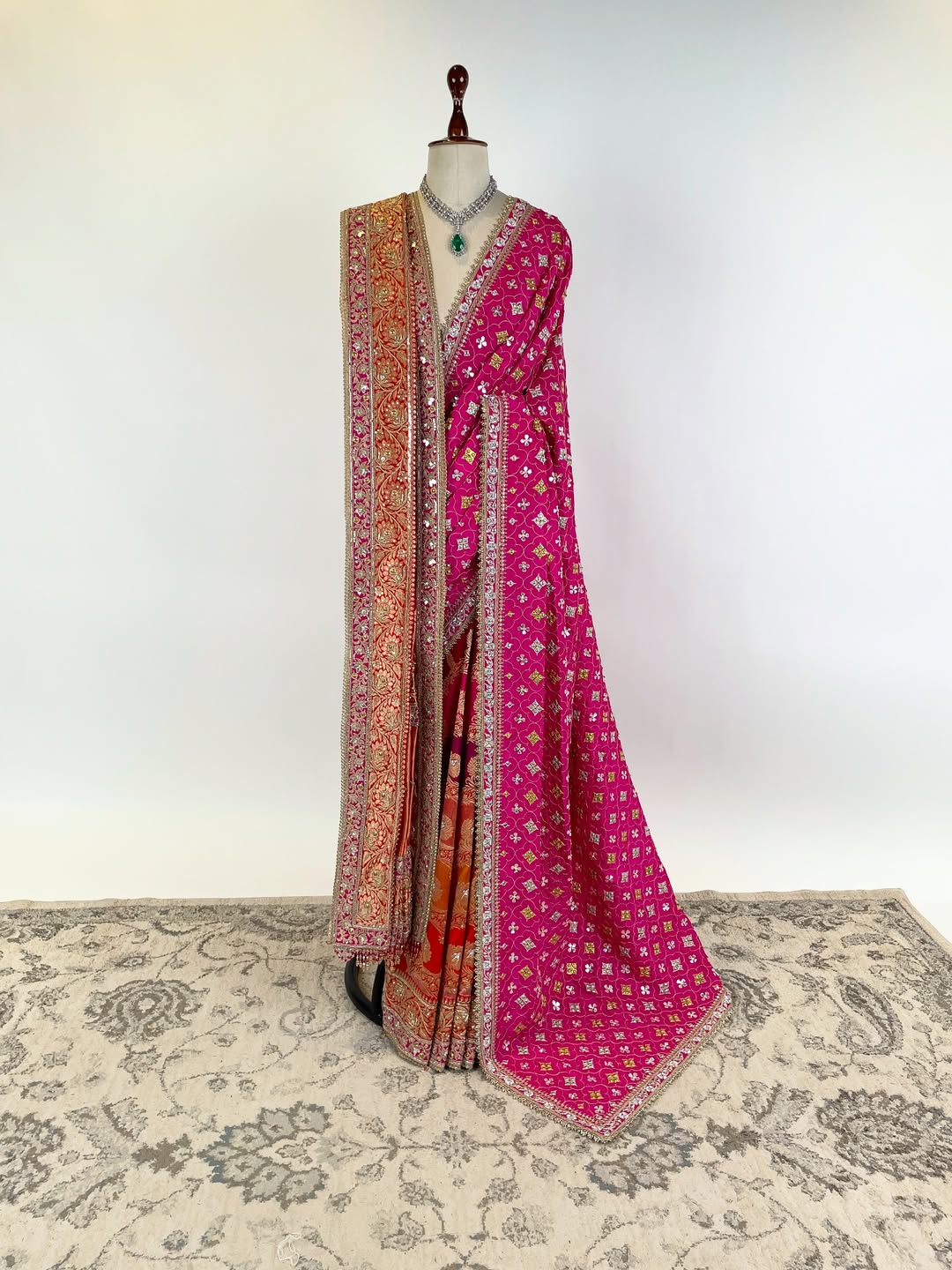 RANGKAT EMBROIDERED IN RAJPUTI DANKA, WITH GOTA and MARODI PAIRED WITH BLOUSE PIECE AND EMBROIDERED DUSHALA