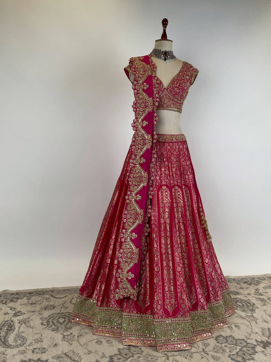 LEHENGA ENSEMBLE IN KADWA AND BROCADE WEAVES WITH MARODI EMBROIDERY