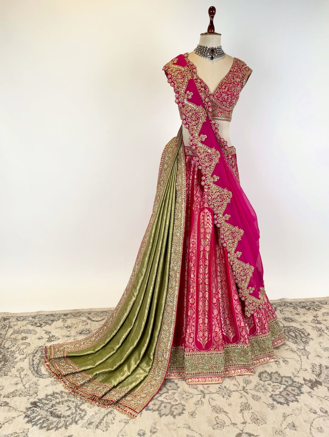 LEHENGA ENSEMBLE IN KADWA AND BROCADE WEAVES WITH MARODI EMBROIDERY