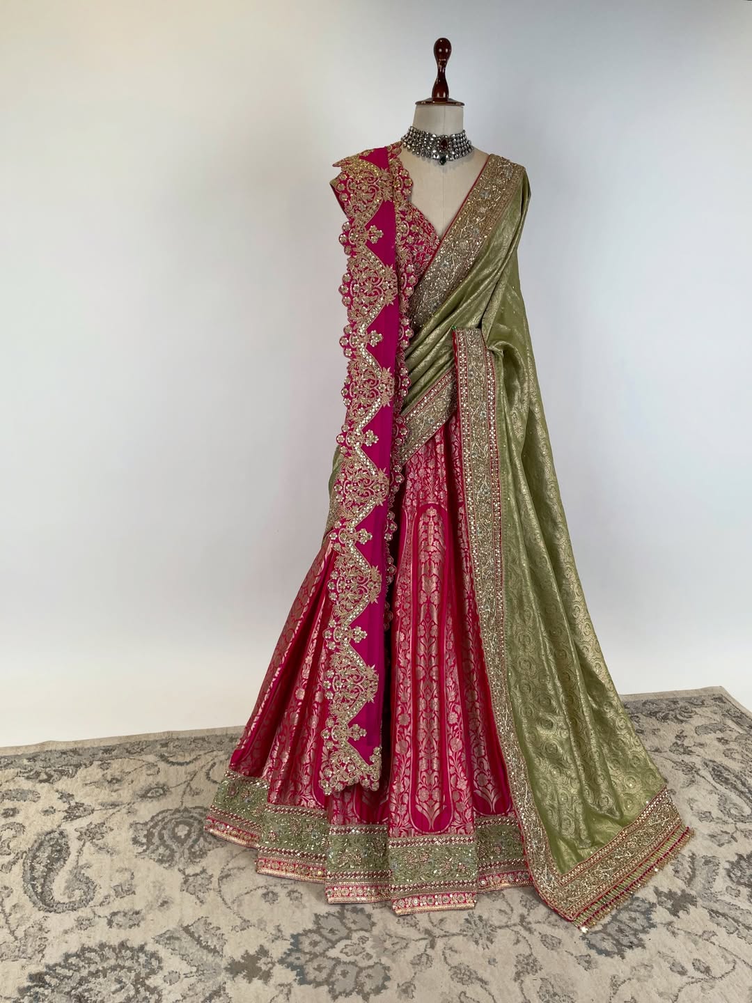 LEHENGA ENSEMBLE IN KADWA AND BROCADE WEAVES WITH MARODI EMBROIDERY