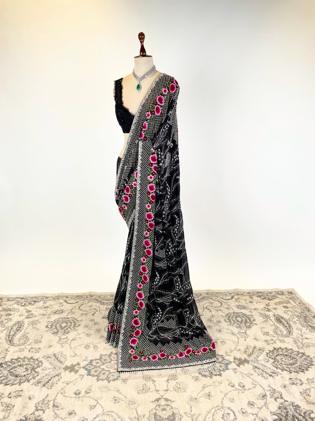 RESHAM AND DIAMANTE GEORGETTE SAREE WITH A FRENCH CHANTILLY LACE EMBELLISHED BLOUSE