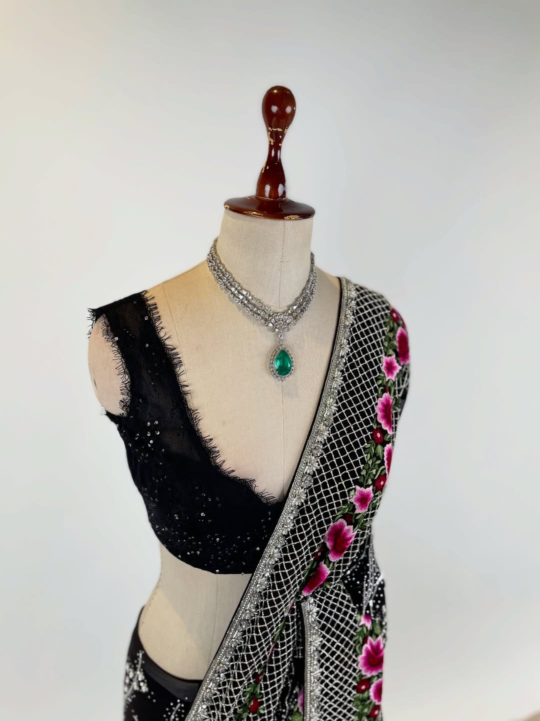 RESHAM AND DIAMANTE GEORGETTE SAREE WITH A FRENCH CHANTILLY LACE EMBELLISHED BLOUSE