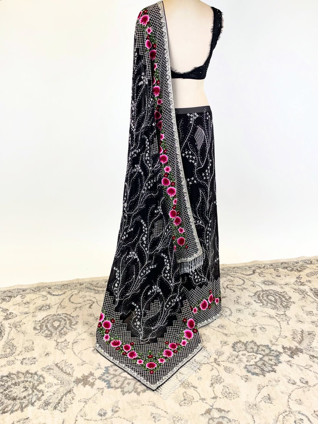 RESHAM AND DIAMANTE GEORGETTE SAREE WITH A FRENCH CHANTILLY LACE EMBELLISHED BLOUSE