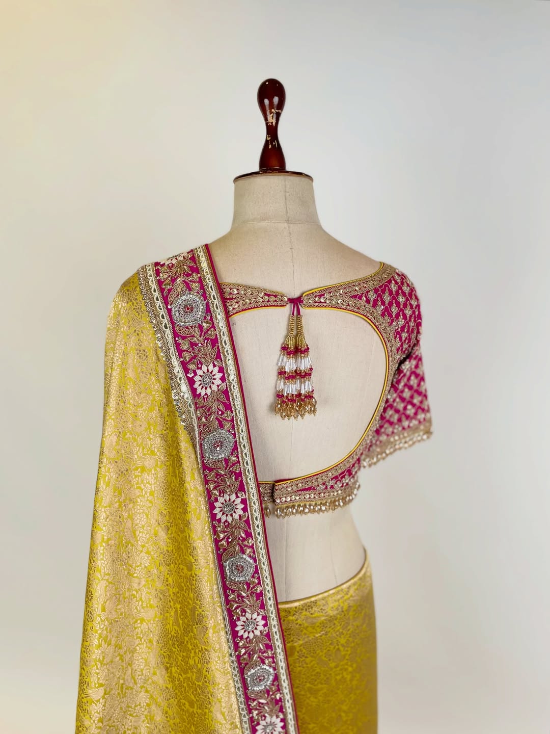 Marigold Yellow Handloom Brocade Saree with Marodi Hand-Embroidered Blouse