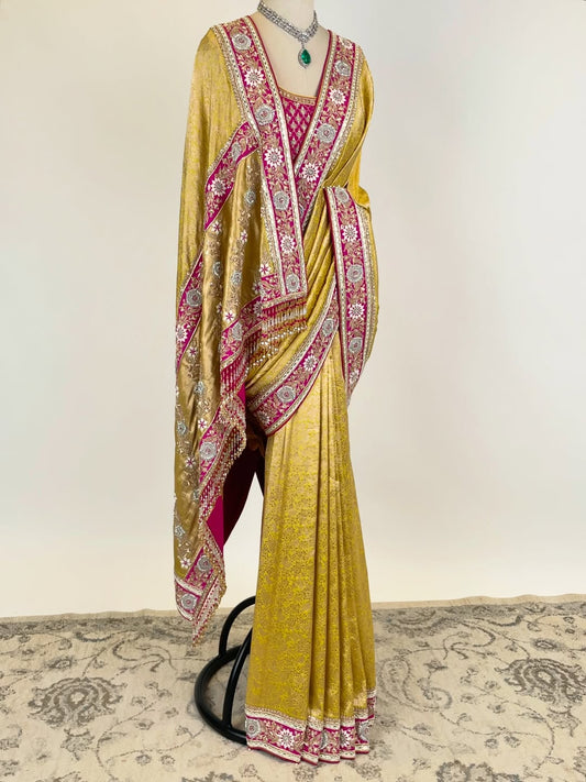 Marigold Yellow Handloom Brocade Saree with Marodi Hand-Embroidered Blouse