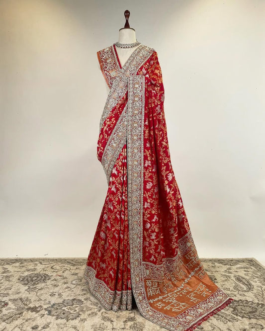 Pure Zari Kadwa Ganga-Jamuni Shikargah Saree with Unstitched Blouse.
