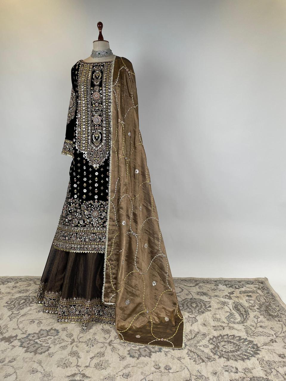 Black Velvet Gota and Danka Embrodiered Kurta with Tissue Dupatta and Dupatta