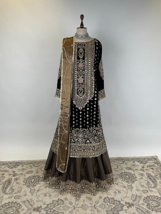Black Velvet Gota and Danka Embrodiered Kurta with Tissue Dupatta and Dupatta