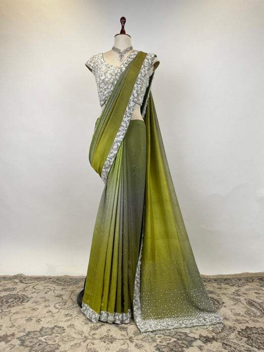 Ombré Pearl Embellished Saree with Statement Pearl & Beaded Blouse