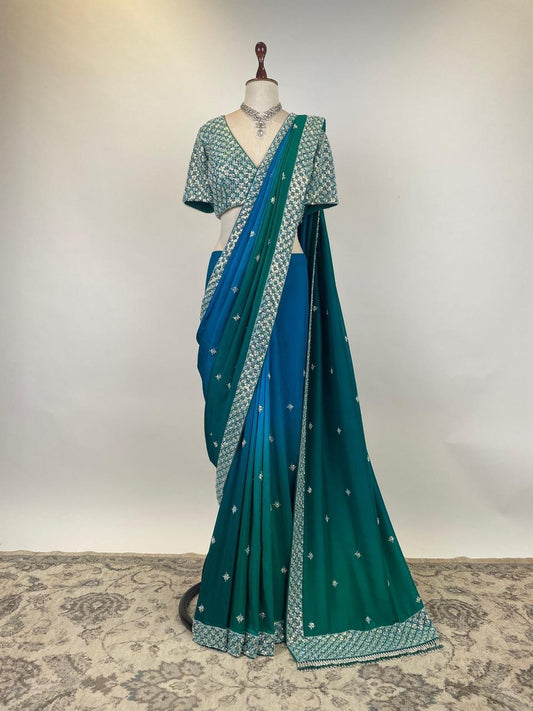 Teal Peacock Blue Ombré Stone Work Saree with Statement Blouse
