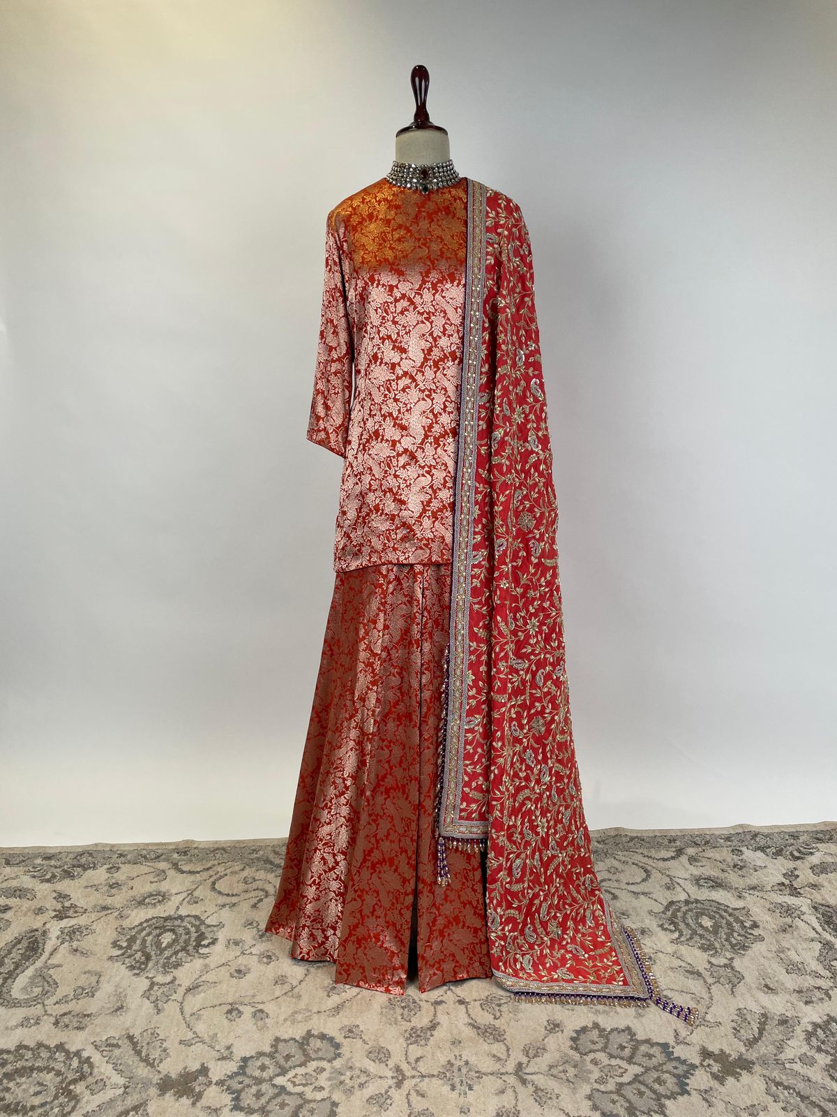 Burnt Orange Banarasi Sharara Set with Marodi and Zardosi Embroidered Dupatta