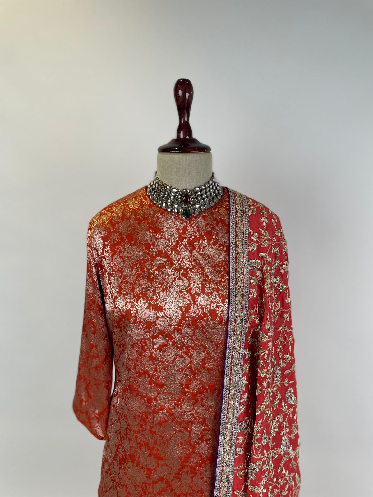 Burnt Orange Banarasi Sharara Set with Marodi and Zardosi Embroidered Dupatta