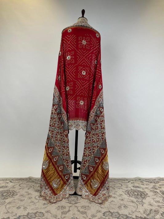 Rust Red Ajrakh Bandhani Marodi Embroidered Dupatta