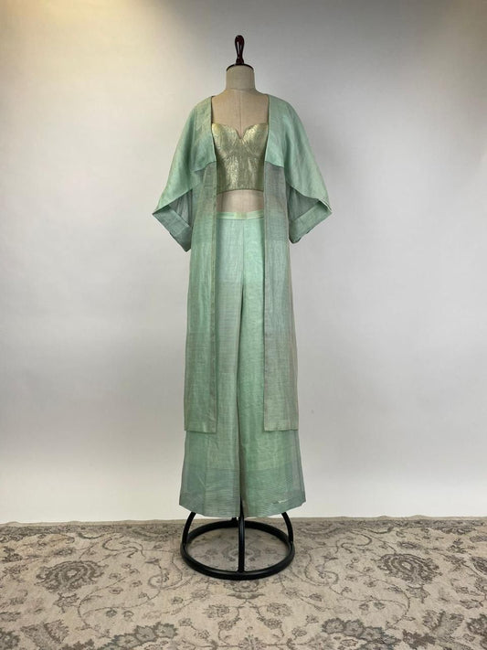 Mint Green Kota Doria Cape Jacket and Pants with Banarasi Brocade Corset