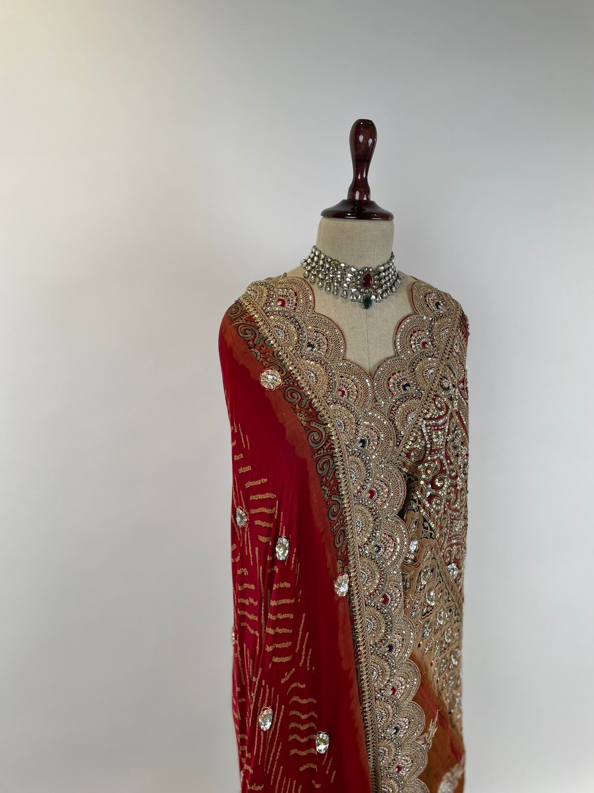 Rust Red Ajrakh Bandhani Marodi Embroidered Dupatta