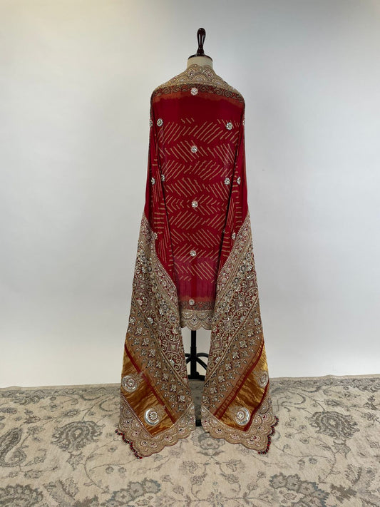 Rust Red Ajrakh Bandhani Marodi Embroidered Dupatta