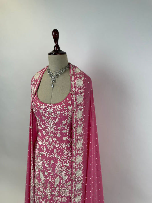 Pink Parsi Gara and Pearl Hand Embroidered Sharara Set in Pure Gorgette