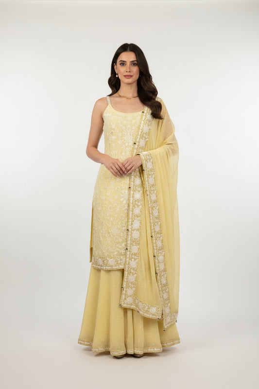 Yellow Parsi Gara Pearl Embroidered Sharara Set