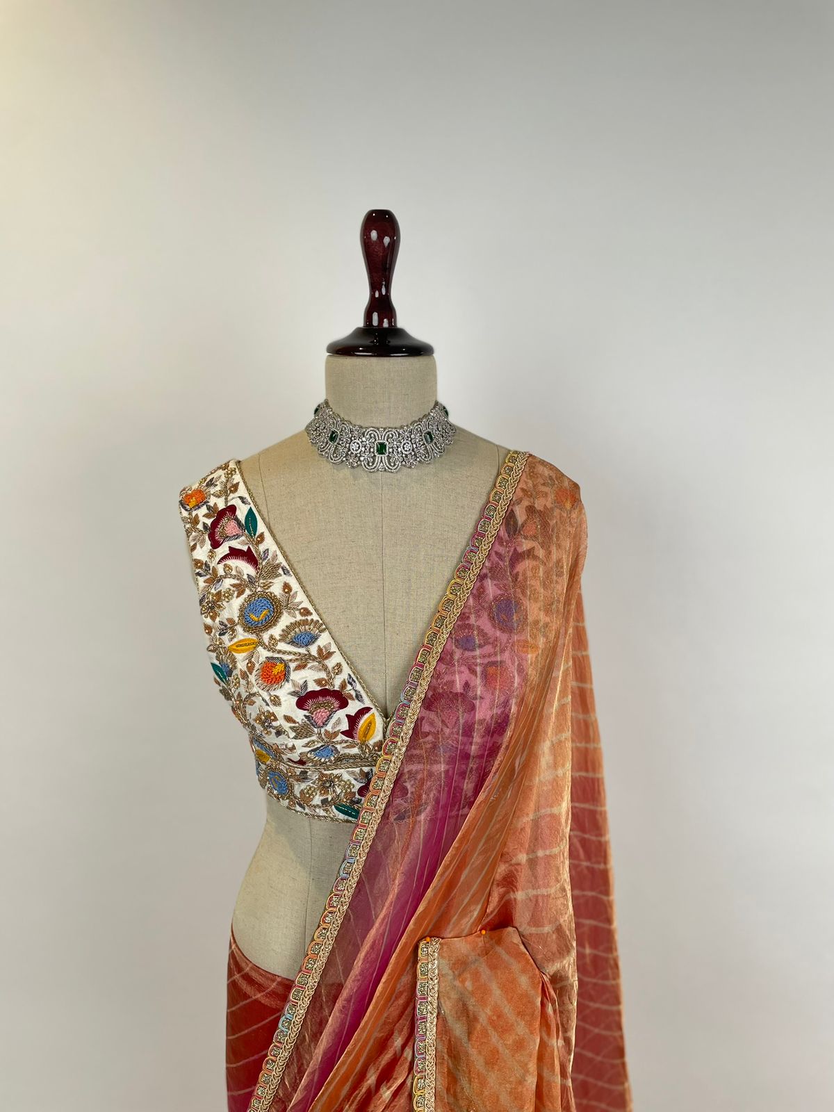 Organza Tissue Leheriya saree with Resham and Marodi work detailing.