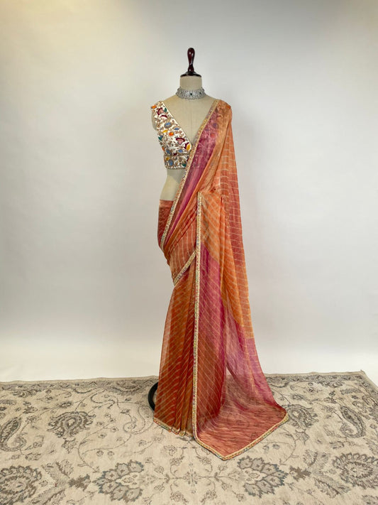 Organza Tissue Leheriya saree with Resham and Marodi work detailing.