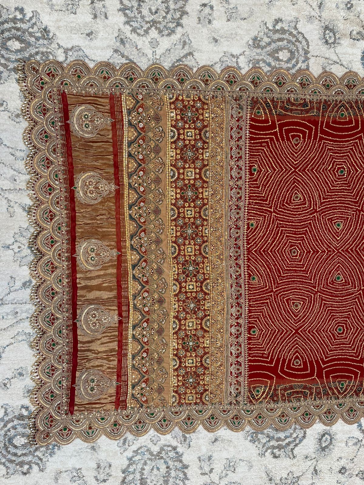 Red Ajrakh Bandhani Marodi Embroidered Dupatta