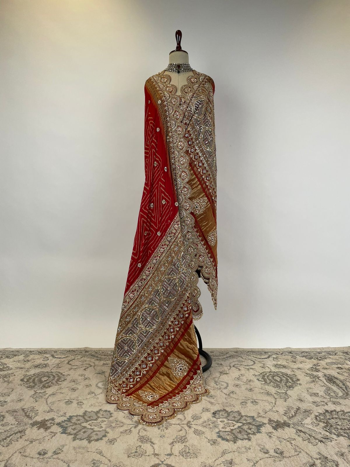 Rust Red Ajrakh Bandhani Marodi Embroidered Dupatta