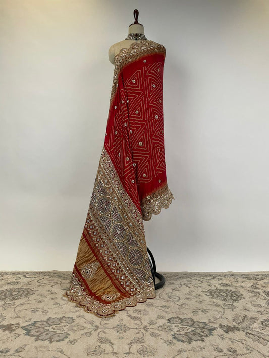 Rust Red Ajrakh Bandhani Marodi Embroidered Dupatta