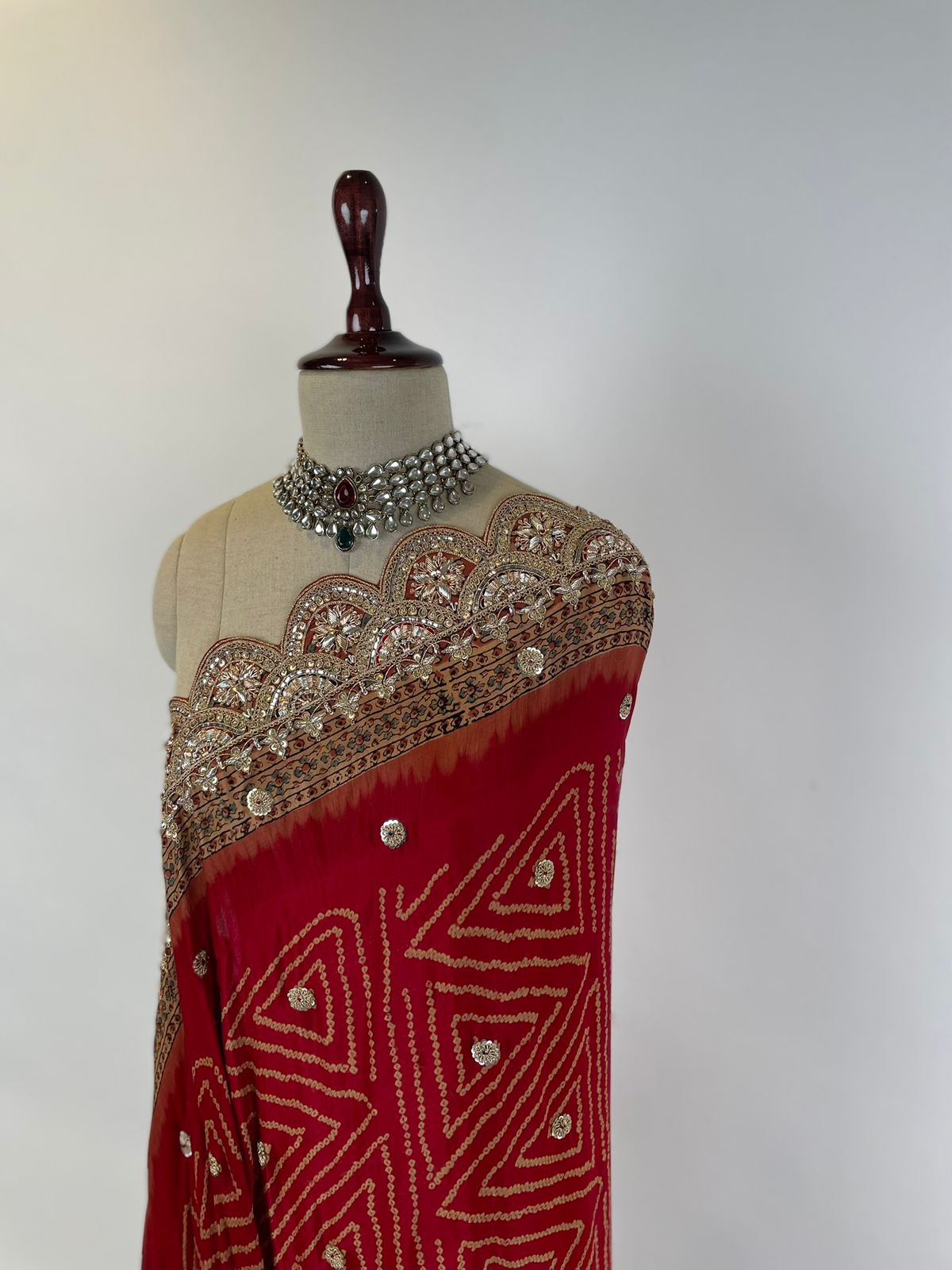 Rust Red Ajrakh Bandhani Marodi Embroidered Dupatta