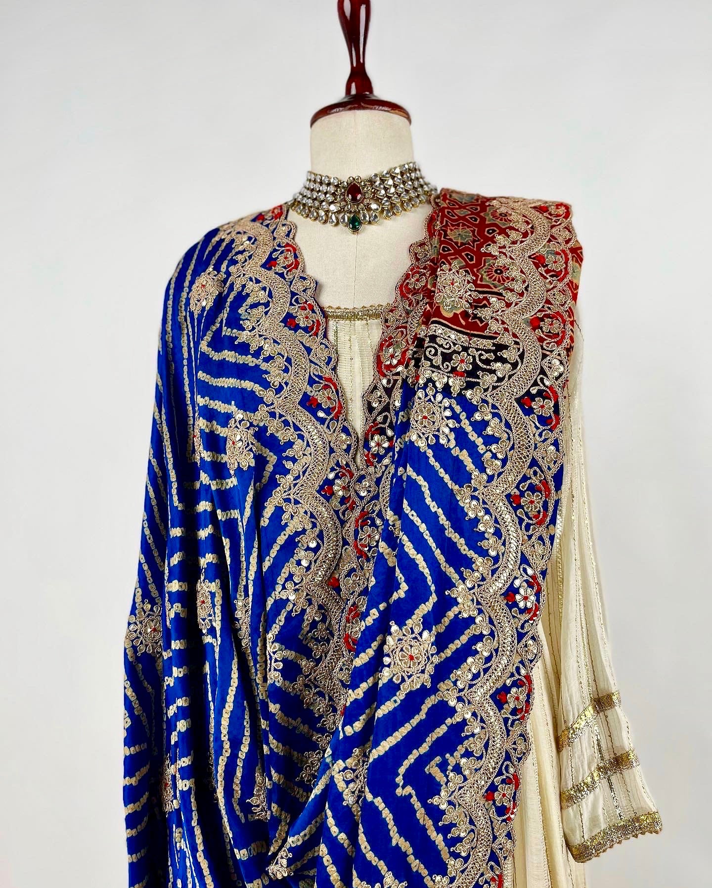 BLUE AJRAKH BANDHANI DUPATTA IN MARODI & GOTAPATTI EMBROIDERY