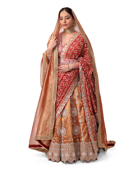 GOLD TISSUE SILK KALIDAR  LEHENGA IN SWAROVSKI STONE & SILVER ZARDOSI WORK WITH BANDHEJ DUPATTA