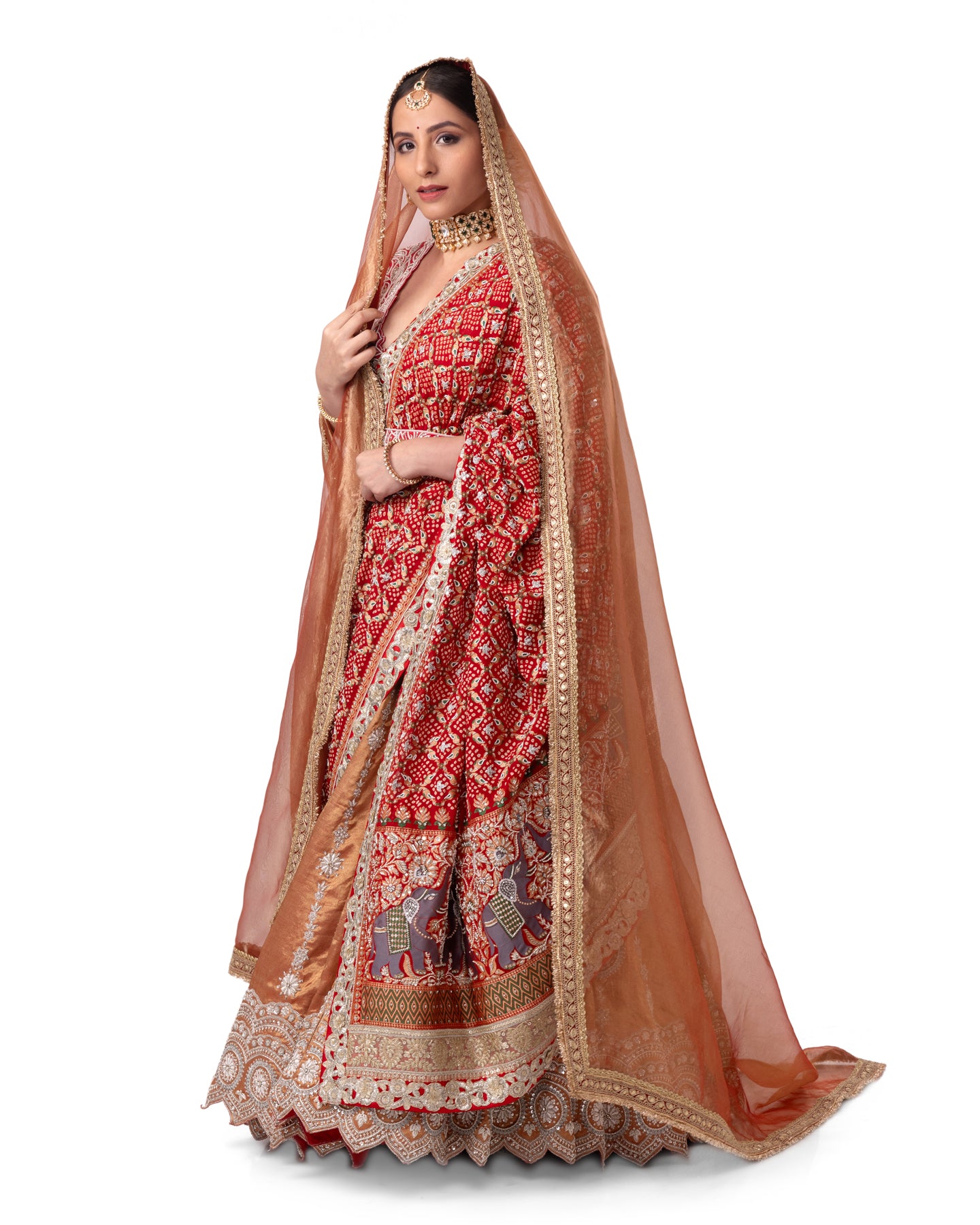 GOLD TISSUE SILK KALIDAR  LEHENGA IN SWAROVSKI STONE & SILVER ZARDOSI WORK WITH BANDHEJ DUPATTA