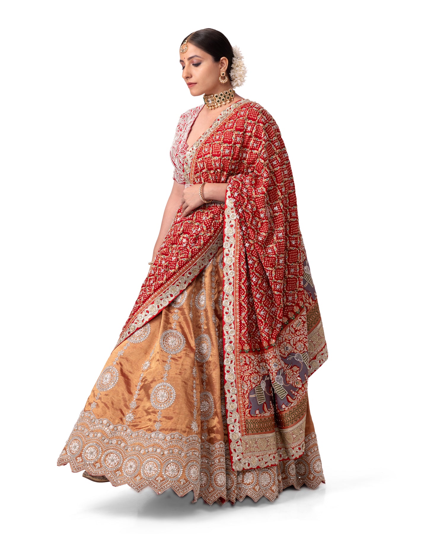 GOLD TISSUE SILK KALIDAR  LEHENGA IN SWAROVSKI STONE & SILVER ZARDOSI WORK WITH BANDHEJ DUPATTA