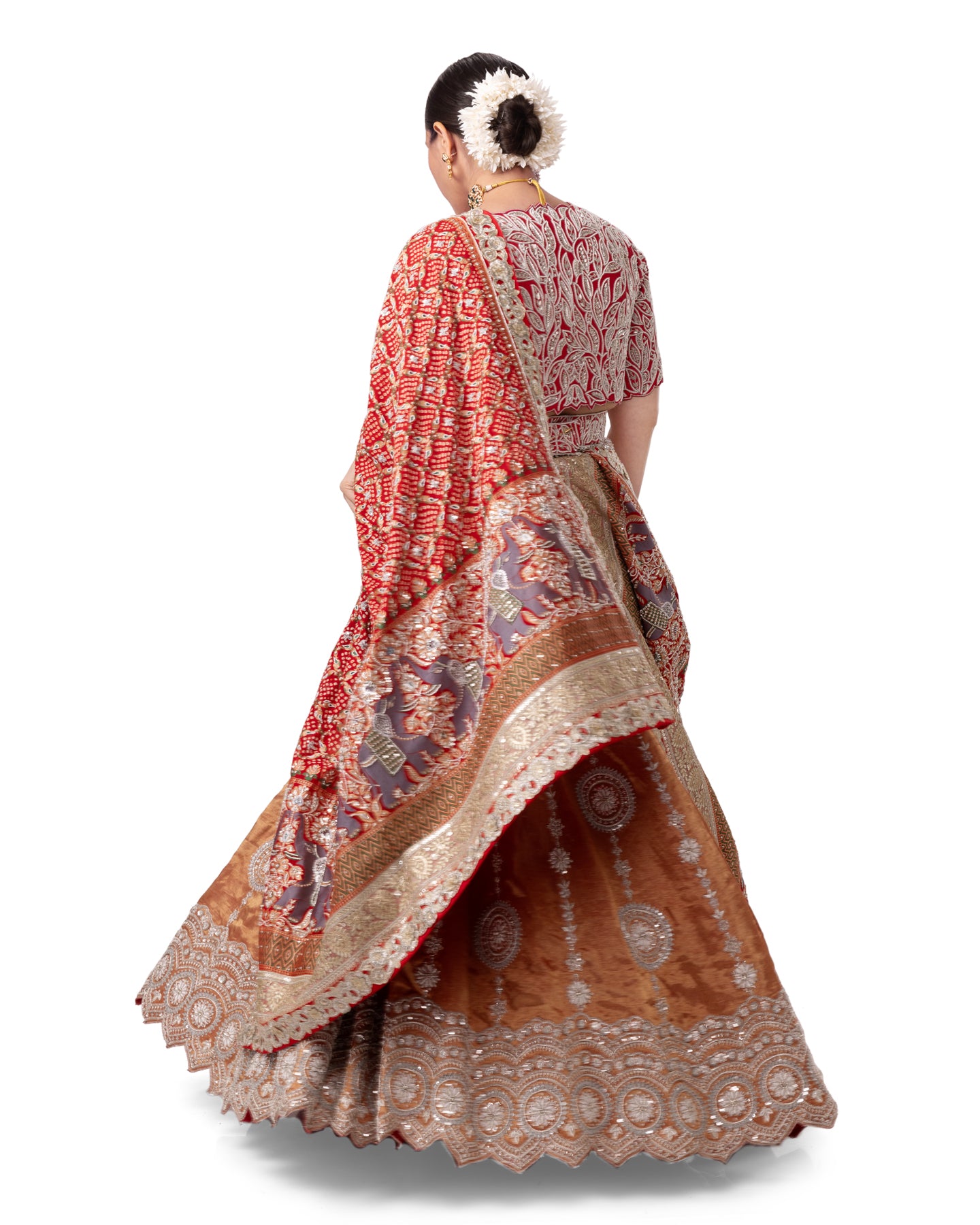 GOLD TISSUE SILK KALIDAR  LEHENGA IN SWAROVSKI STONE & SILVER ZARDOSI WORK WITH BANDHEJ DUPATTA