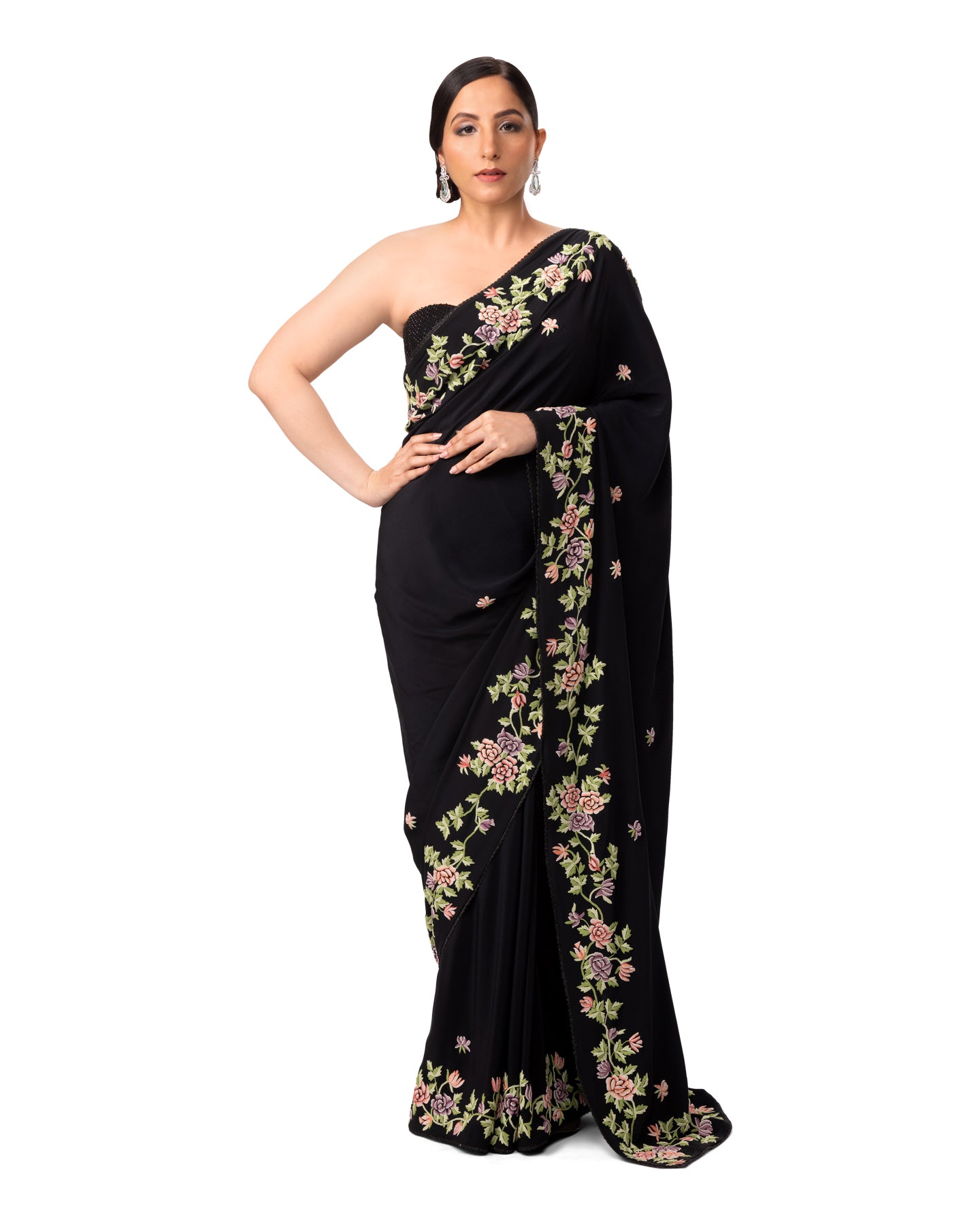 BLACK FINE FRENCH KNOT EMBROIDERED SAREE