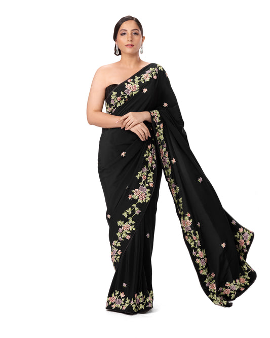 BLACK FINE FRENCH KNOT EMBROIDERED SAREE