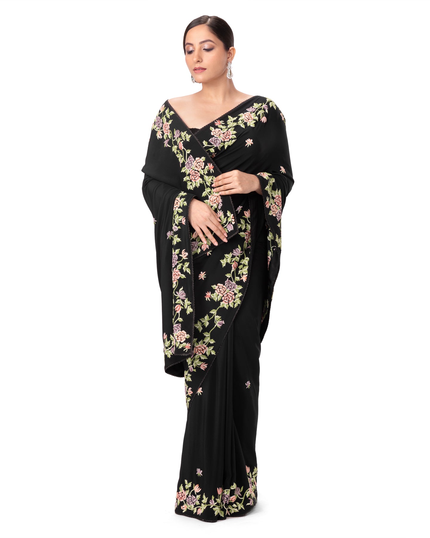 BLACK FINE FRENCH KNOT EMBROIDERED SAREE