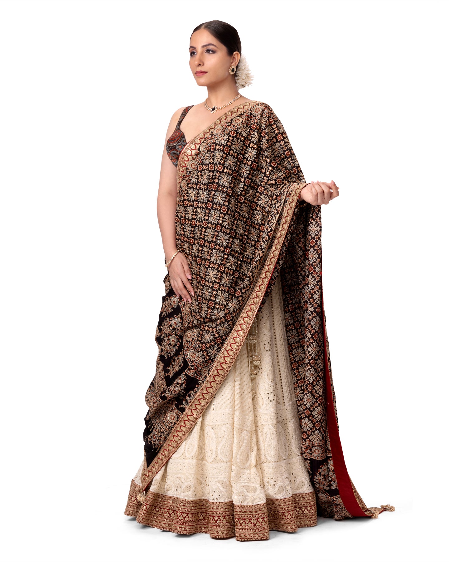 OFF WHITE CHIKANKARI LEHENGA WITH AJRAKH DUPATTA & BLOUSE