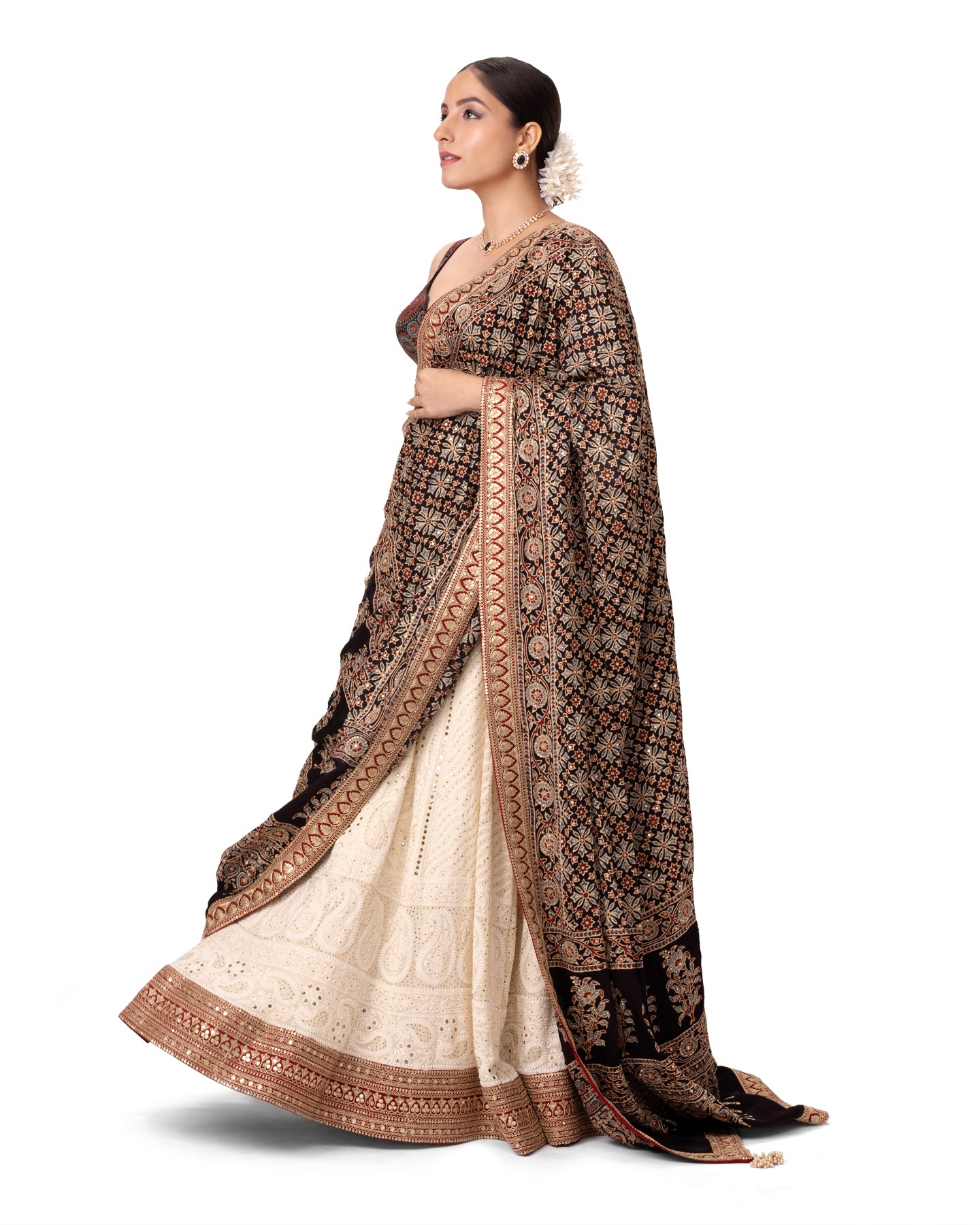 OFF WHITE CHIKANKARI LEHENGA WITH AJRAKH DUPATTA & BLOUSE