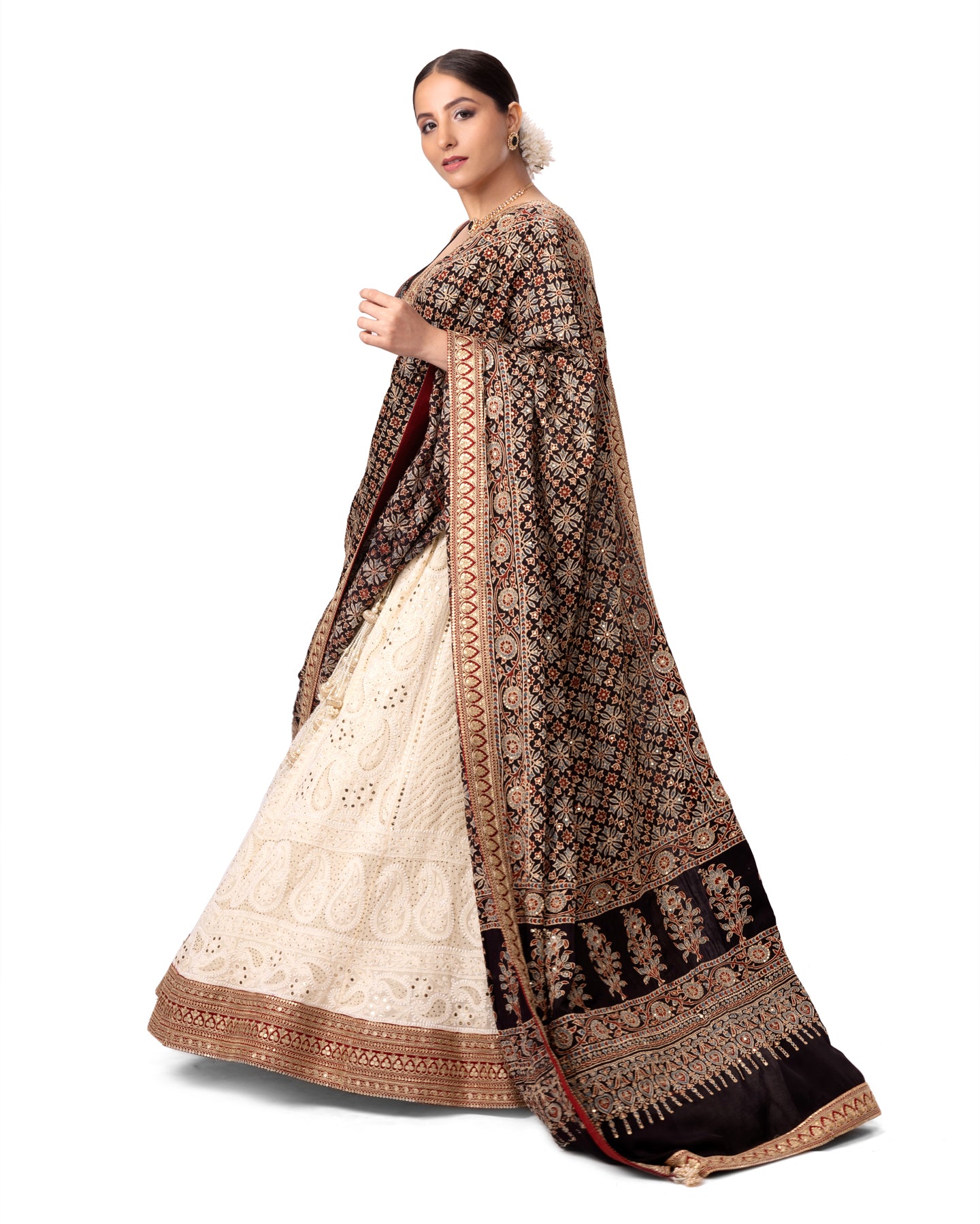 OFF WHITE CHIKANKARI LEHENGA WITH AJRAKH DUPATTA & BLOUSE