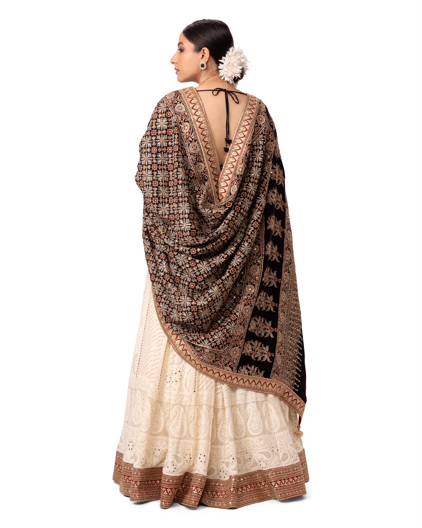 OFF WHITE CHIKANKARI LEHENGA WITH AJRAKH DUPATTA & BLOUSE