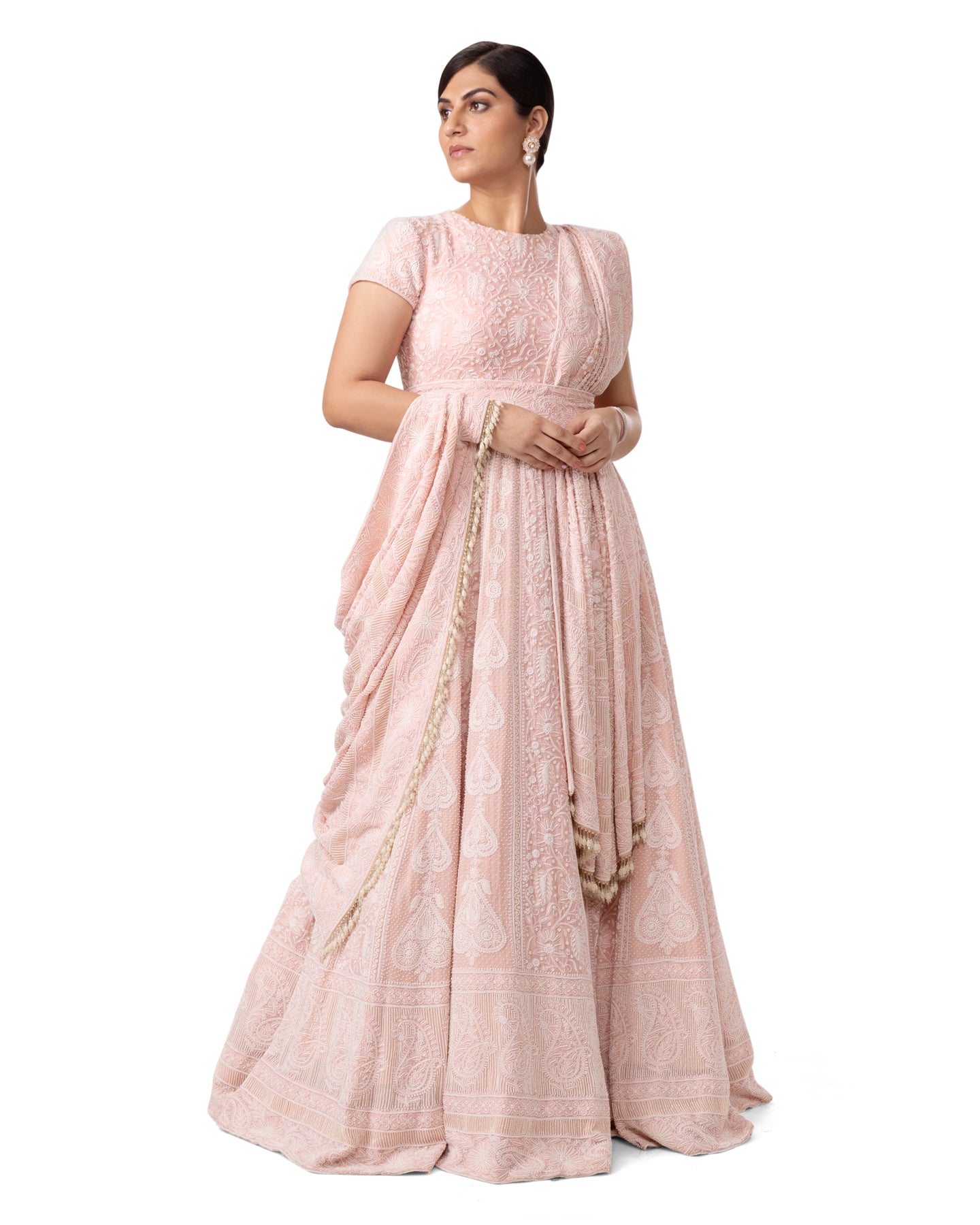 PASTEL PINK DO TAAR  CHIKANKARI ANARKALI GOWN WITH PEARL DETAILS