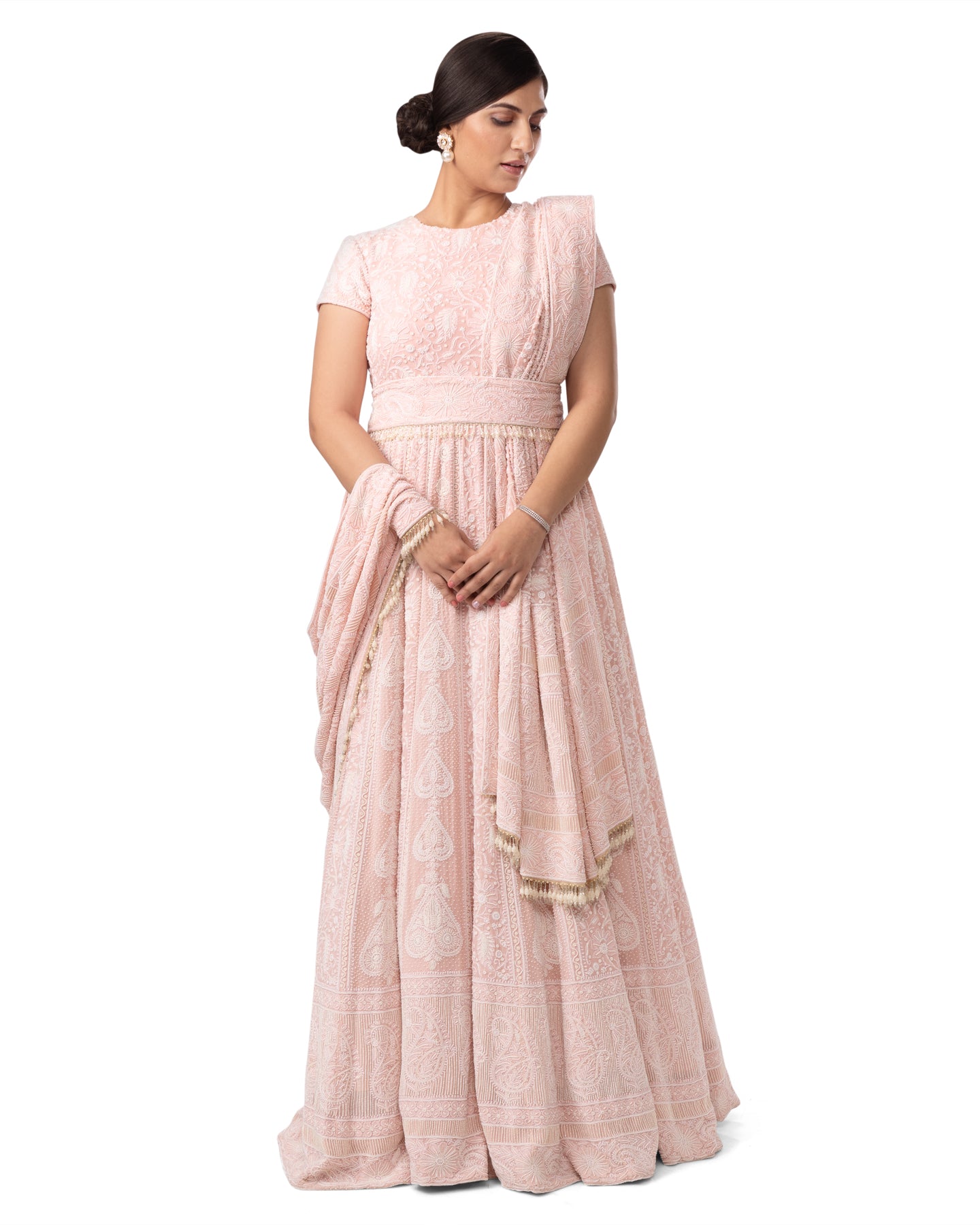 PASTEL PINK DO TAAR  CHIKANKARI ANARKALI GOWN WITH PEARL DETAILS