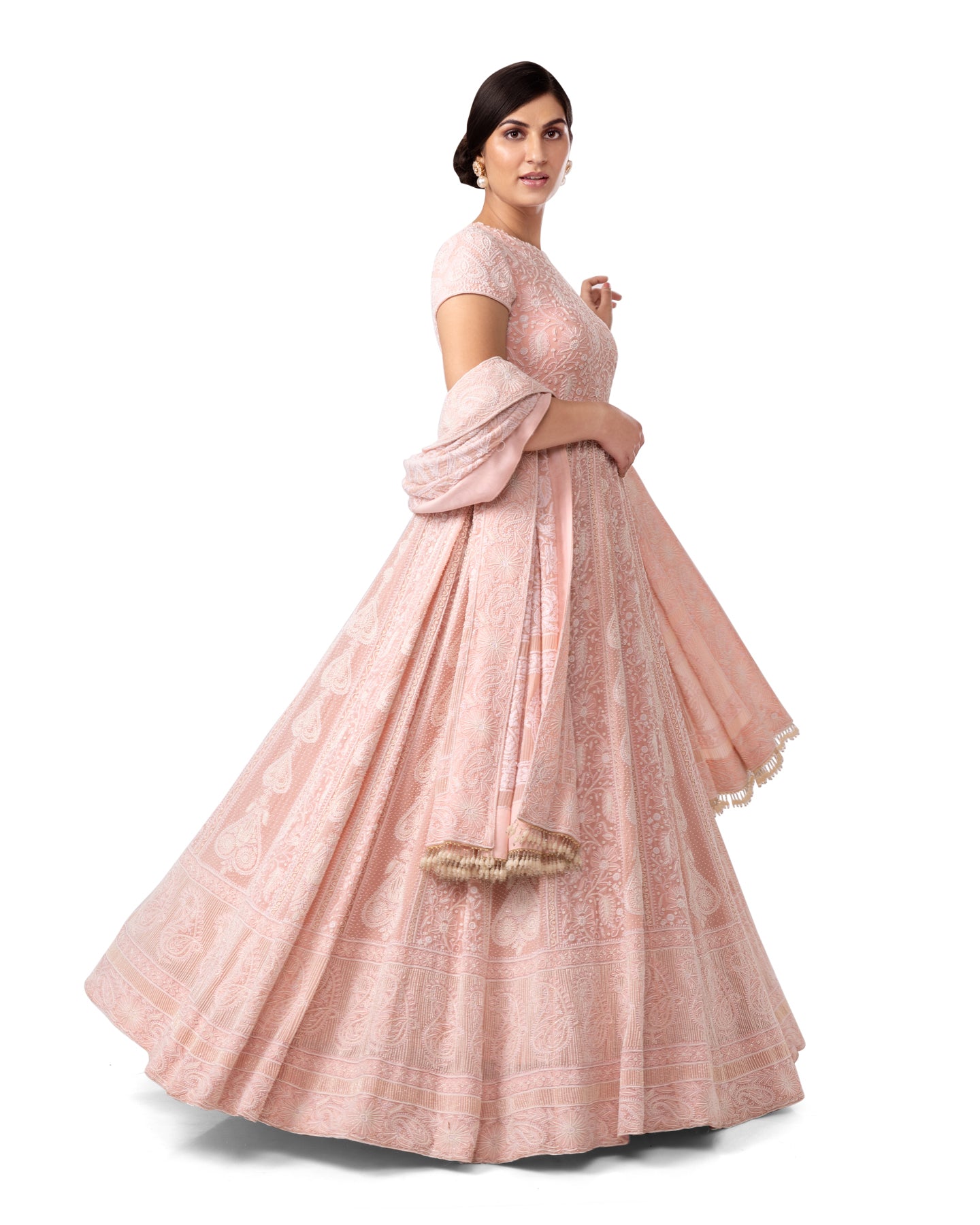 PASTEL PINK DO TAAR  CHIKANKARI ANARKALI GOWN WITH PEARL DETAILS