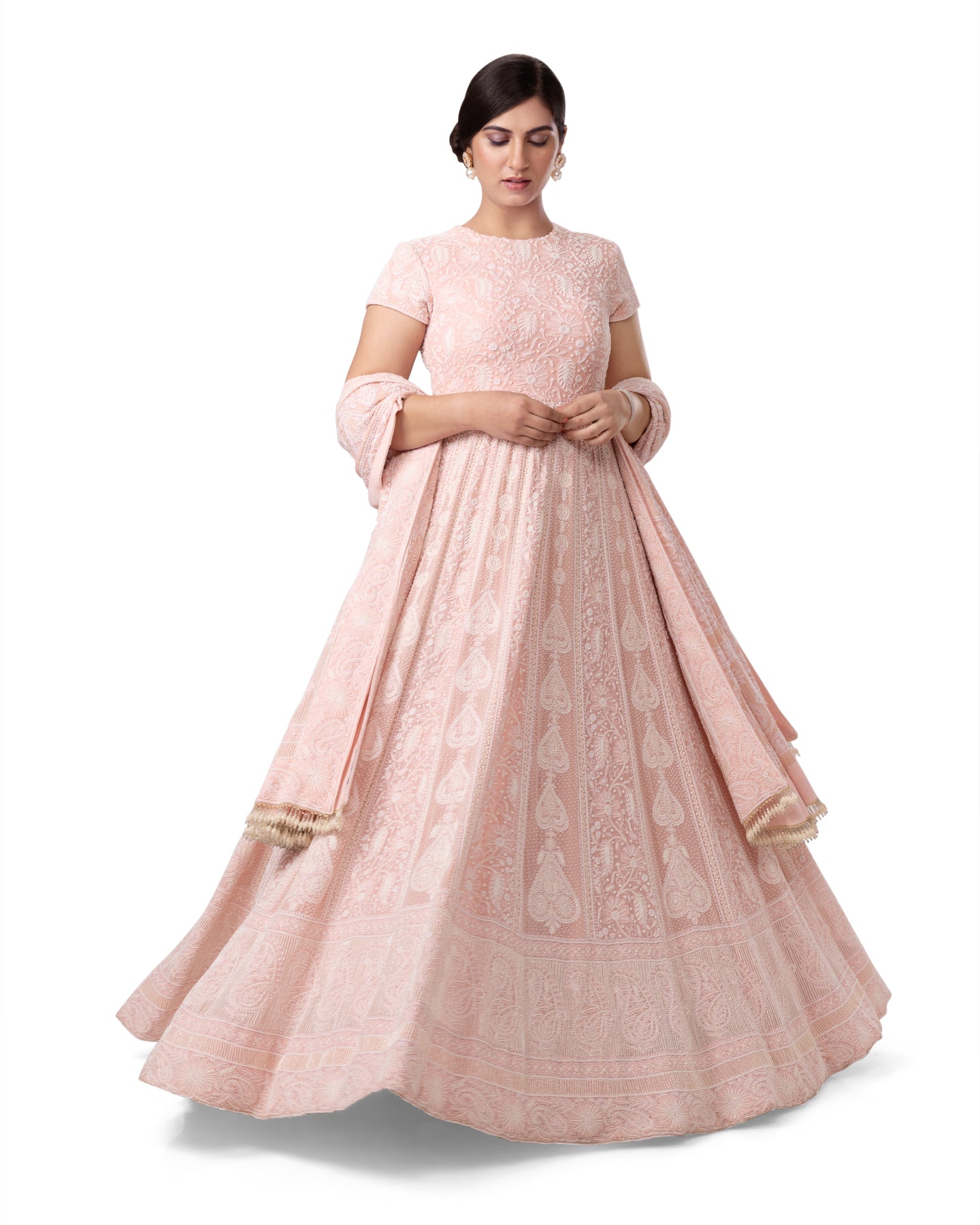 PASTEL PINK DO TAAR  CHIKANKARI ANARKALI GOWN WITH PEARL DETAILS