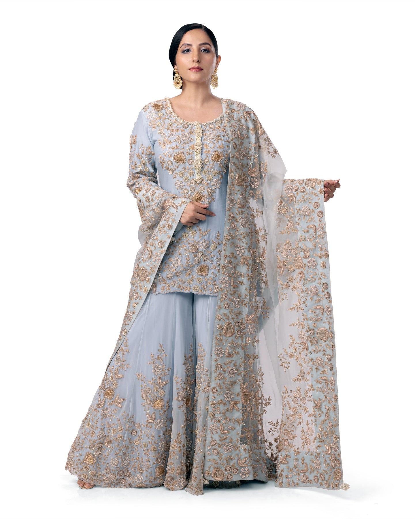 PASTEL BLUE FLORAL EMBROIDERED SHARARA